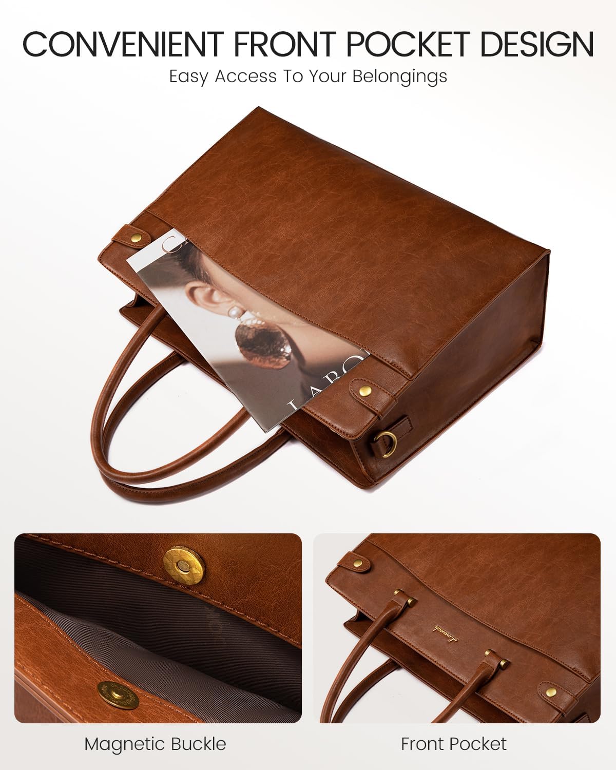 LOVEVOOK Laptop Tote Bag For Women Work, Vintage Leather Computer Bags For Laptops For Women, Waterproof Laptop Bag Business Briefcase Office Large Shoulder Handbag Purse, 15.6 Inch, Brown