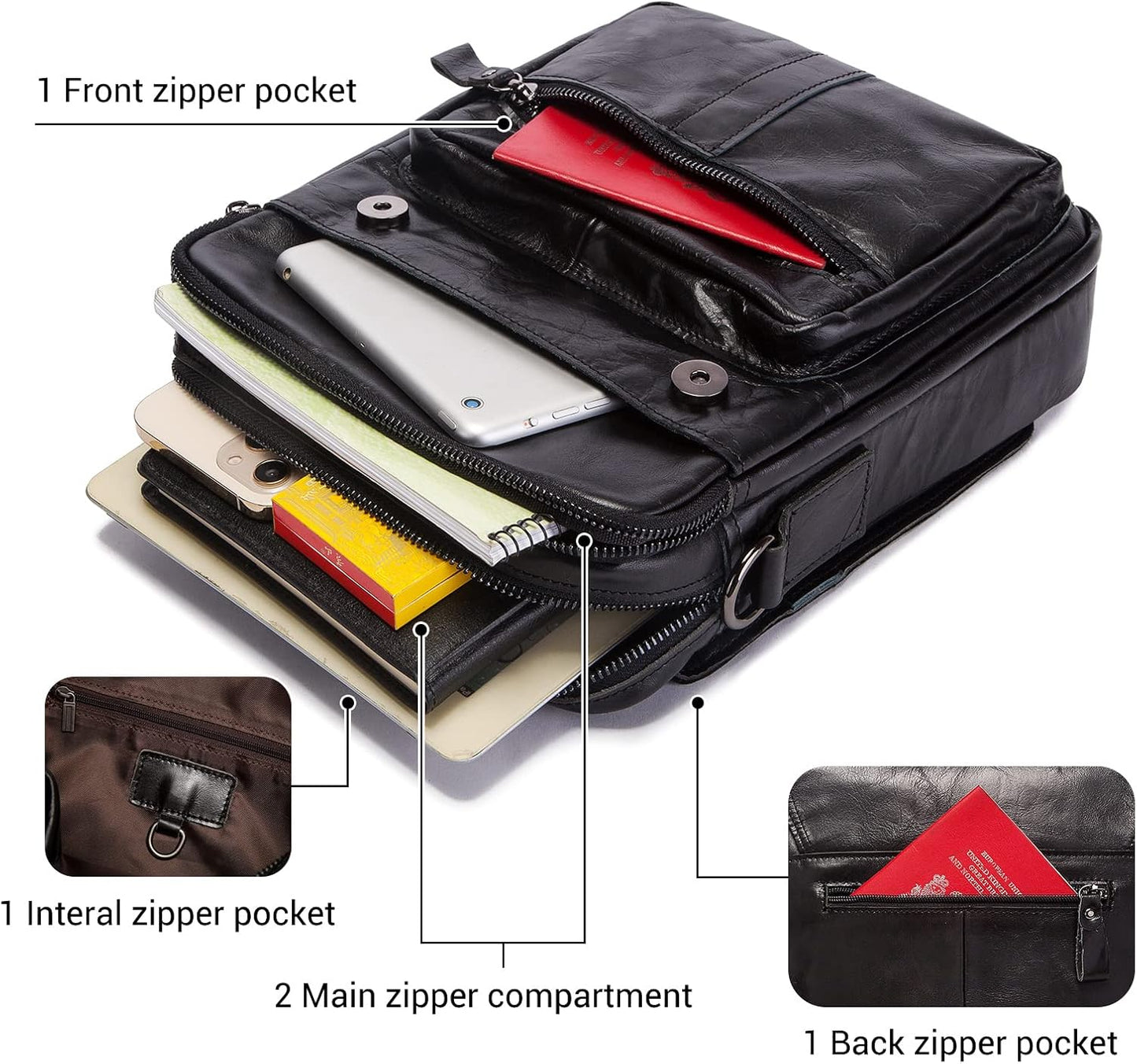 Leather Messenger Bag for Men, Shoulder Crossbody Bag with Adjustable Straps for Work Business