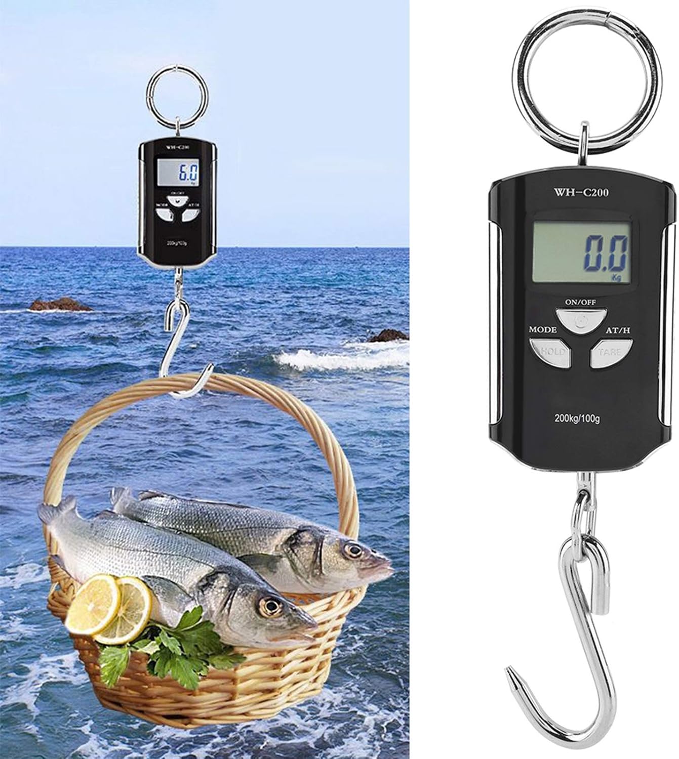 Digital Fish Scale, 200kg Digital Hanging Scale with Hook Backlit LCD Display Travel Accessories for Portable Hanging Baggage (Silver Frame)