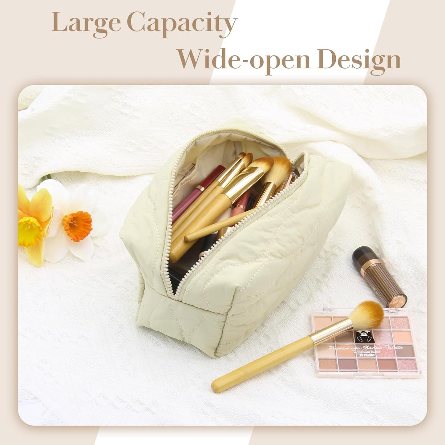Make up Bag Travel Cosmetic Bag for Women Girls Zipper Puffy Padded Makeup Organizer Waterproof Portable Pouch Purse Lightweight Toiletry Accessories Storage Light Yellow