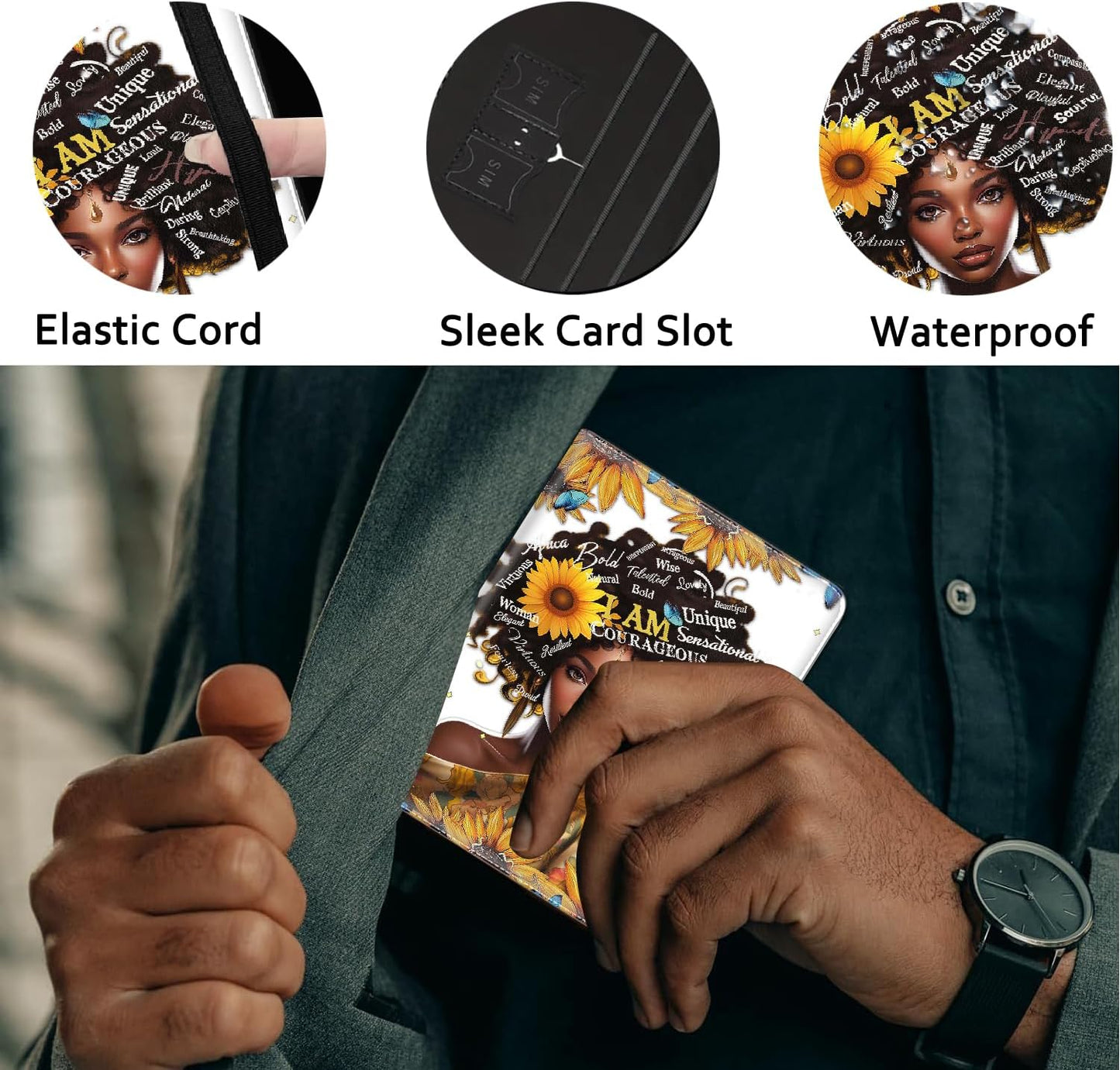 Passport Holder Women Wallet with Luggage Tag, Leather Passport Cover with RFID Blocking, Travel Accessories Multi Card Slot Passport Case for Men，African American Women Sunflower Butterfly