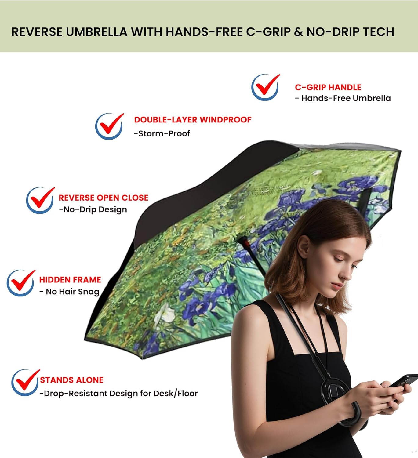 SIEPASA 49/56 Inch Inverted Reverse Upside Down Umbrella, Extra Large Double Canopy Vented Windproof Waterproof Stick Golf Umbrellas with C-shape Handle.