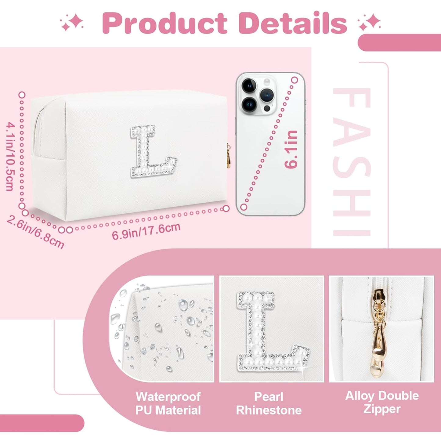 Bride Gifts – Personalized Initial Makeup Bag with Pearl Rhinestone Patch, Preppy White Monogram Cosmetic/Toiletry Pouch, bridesmaid Gifts, Bridal Shower Gifts, Wedding Gifts, Bridal Gifts,L