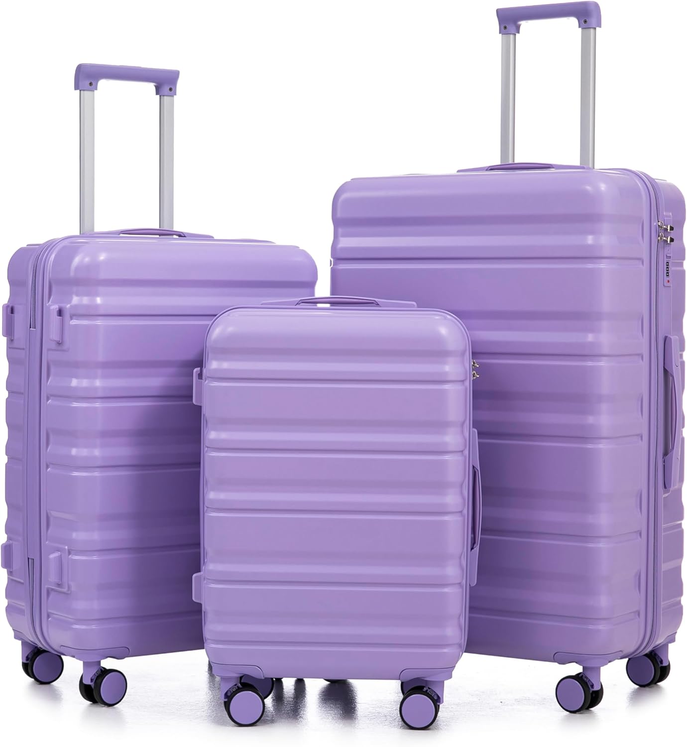 Campfun 3 Piece Luggage Sets, ABS Suitcase Set with Double Spinner Wheels Hang Hook, Durable Carry On Luggage with Combination Lock, 20/24/28 inch, Purple