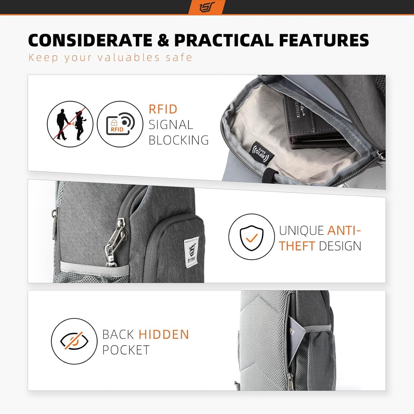 SKYSPER Sling Bag RFID Crossbody Sling Backpack Cross Body Shoulder Bag Travel Hiking Daypack for Women Men(Darkgrey)