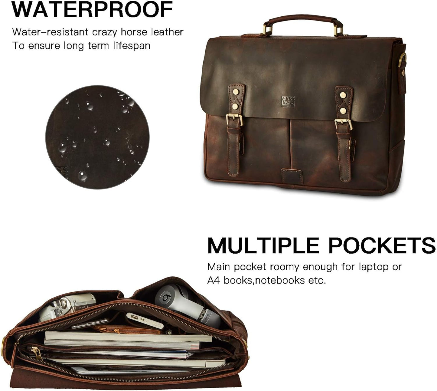 Full Crazy Horse Leather Briefcase Tote Vintage Buckle Strap Messenger Bag 15.6 inch Laptop Tablet Shoulder Bag