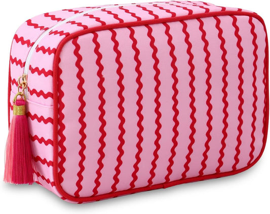 Stripe Makeup Bag Travel Cosmetic Bag Organizer Tassel Toiletry Bag Large Canvas Zipper Pouch and Accessories Storage Bag for Women