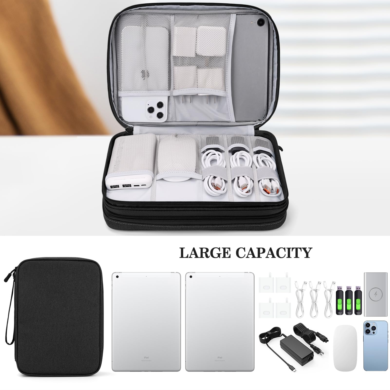 FYY Electronic Organizer, Travel Tech Pouch Bag, Extra Large, Black