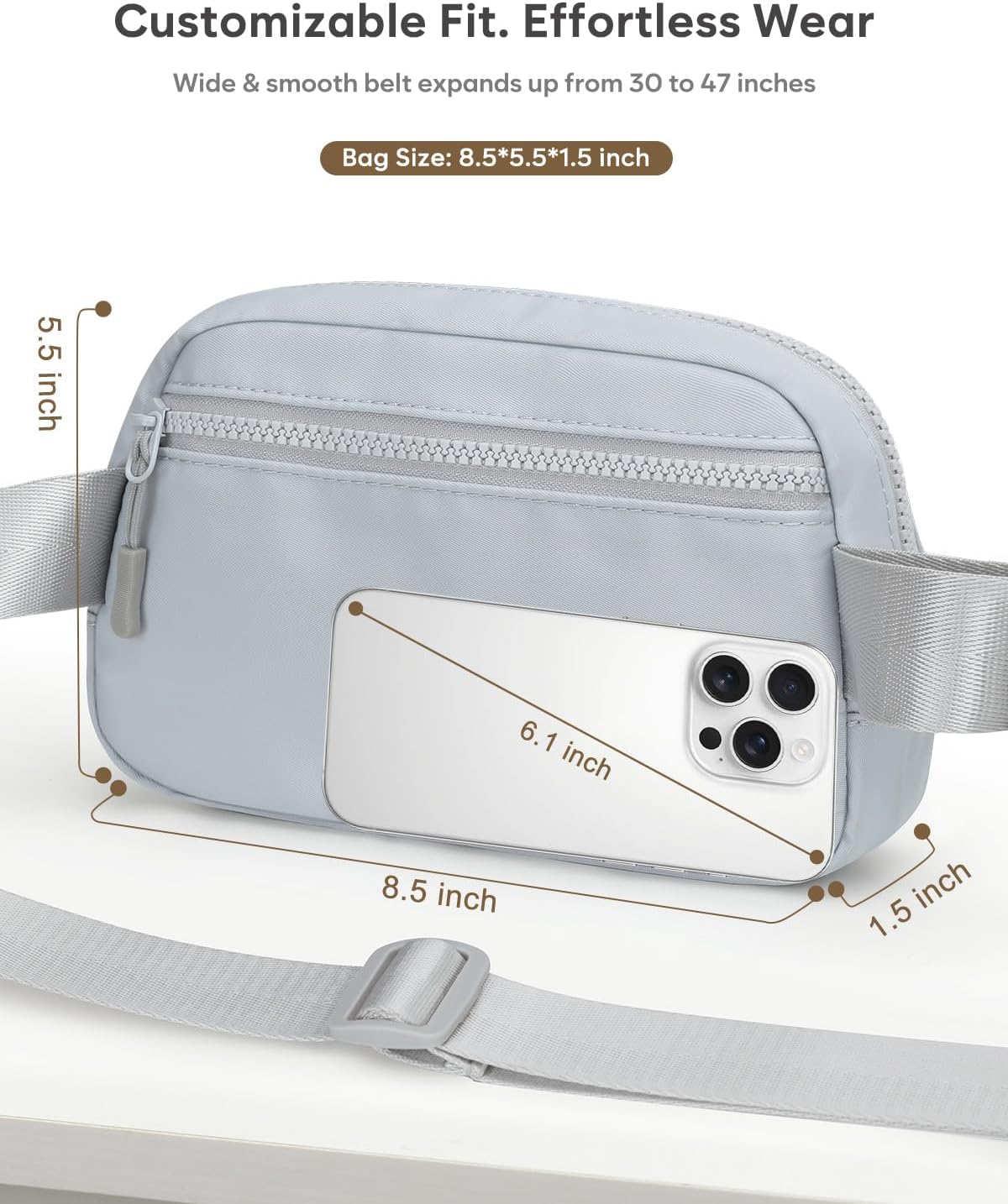 Fanny Packs for Women Cross Body Bag Waterproof Belt Bag with Adjustable Strap and Zipper Back Pocket Small Crossbody Bags Fashion Waist Packs for Workout Travelling(Light Gray)