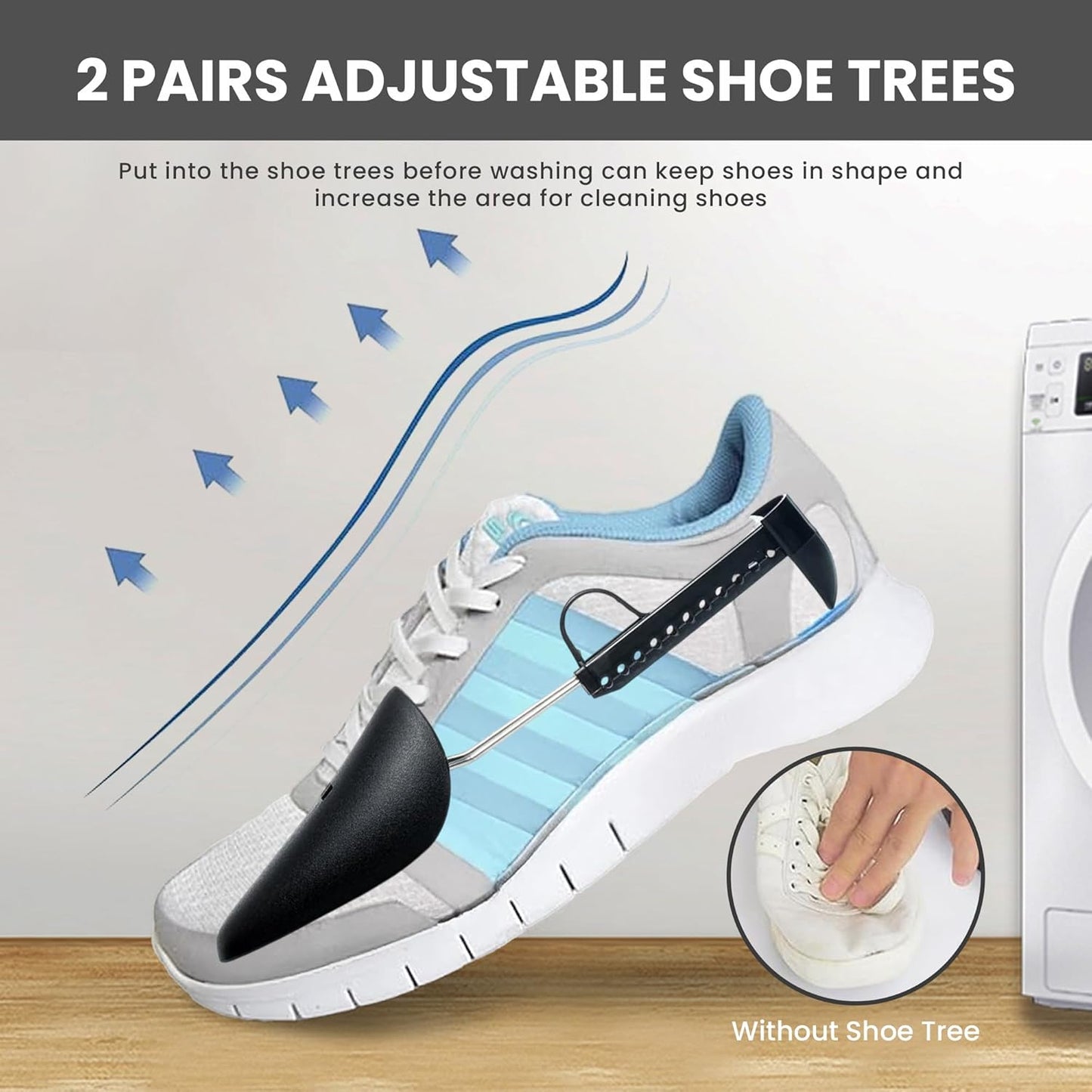 Shoe Washing Machine Bag - 2Pcs Reusable Durable Sneaker Washing Bags, 360° Deep Clean, Zippered Laundry Bag for Washing Machine, Adjustable 2 Pair Shoe Trees, Fits All Shoe Types & Sizes (White)