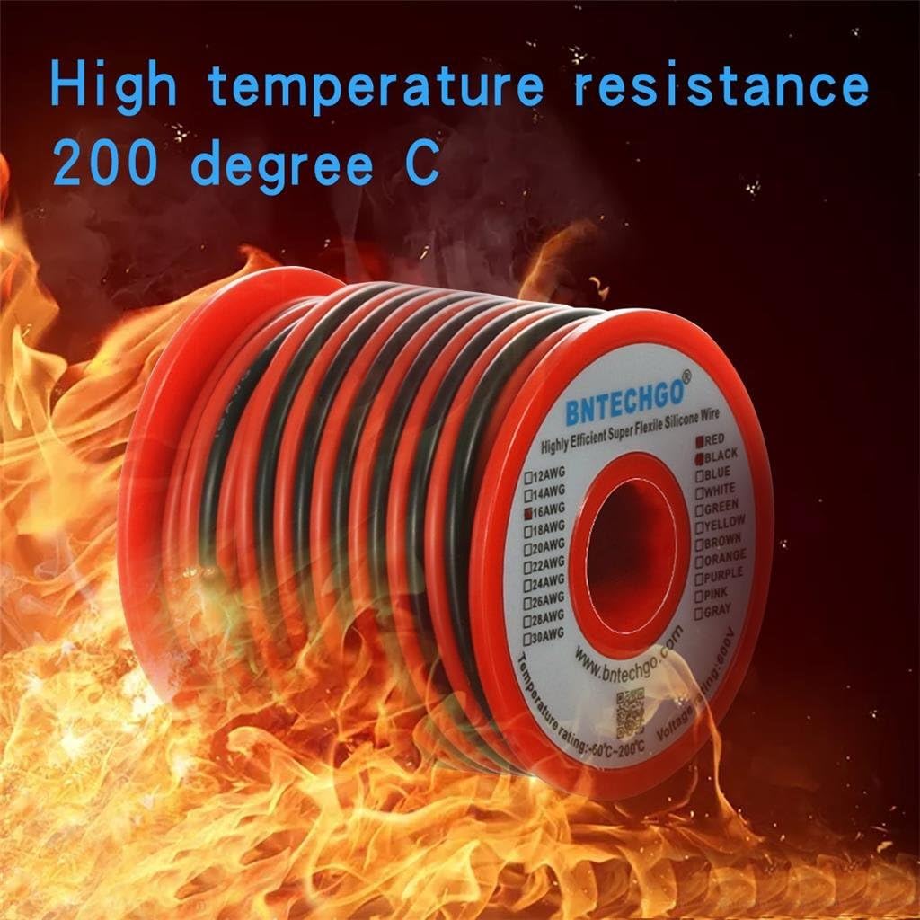 BNTECHGO 16 Gauge Flexible 2 Conductor Parallel Silicone Wire Spool Red Black High Resistant 200 deg C 600V for Single Color LED Strip Extension Cable Cord,Model,25ft Stranded Tinned Copper Wire