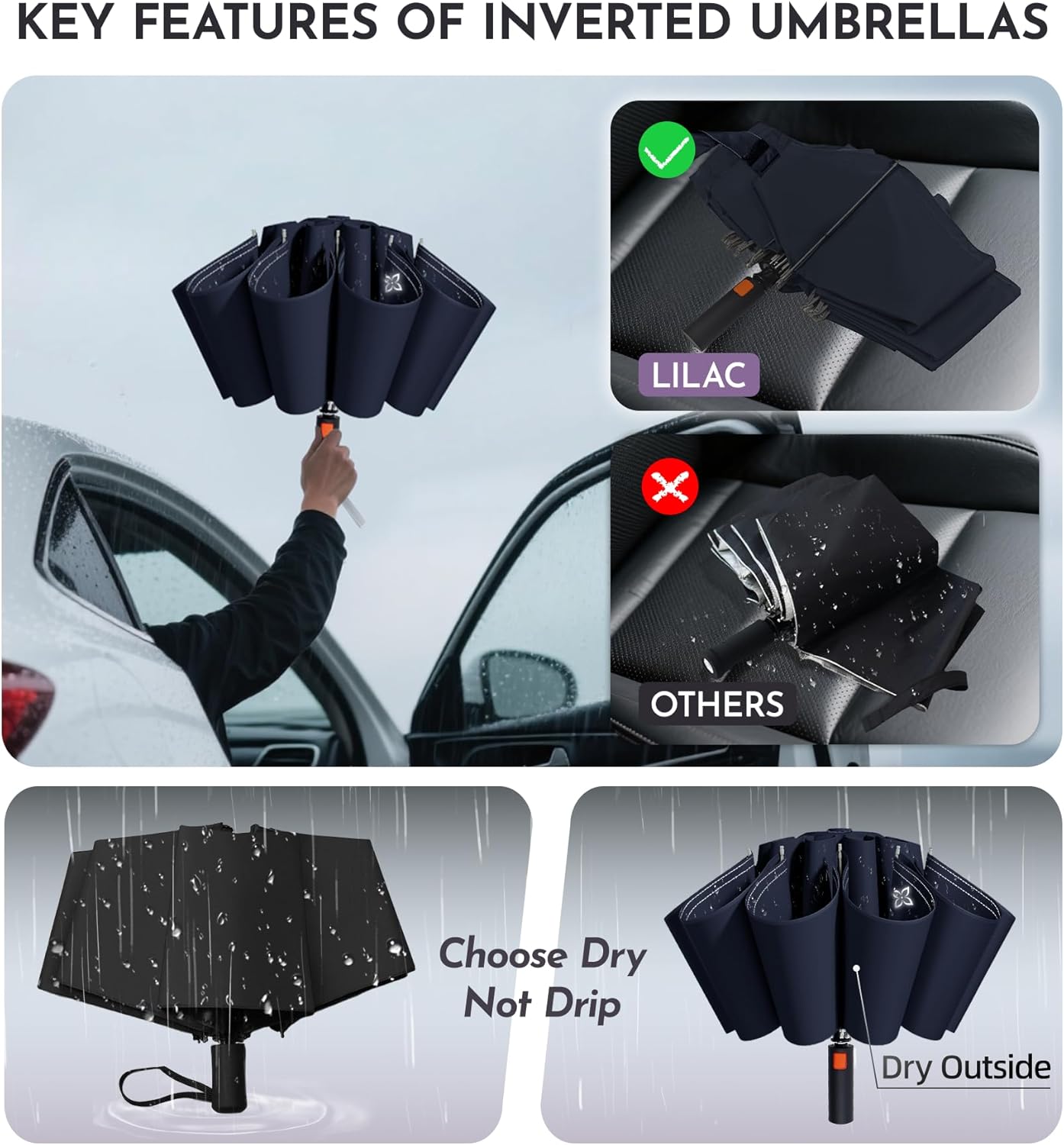 Large Travel Inverted Umbrella, 55" 10 Ribs Windproof for Rain & Sun, Reverse Auto open/close Compact Portable for Men, Reflective Thread for Night Safety