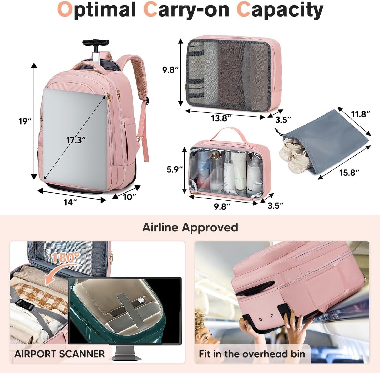 Rolling Backpack for Women Adults with wheels, 17.3 Inch Laptop Backpack Bag with Wheels for Travel Work Business (1Pc Backpack with 3 Packing Cubes)