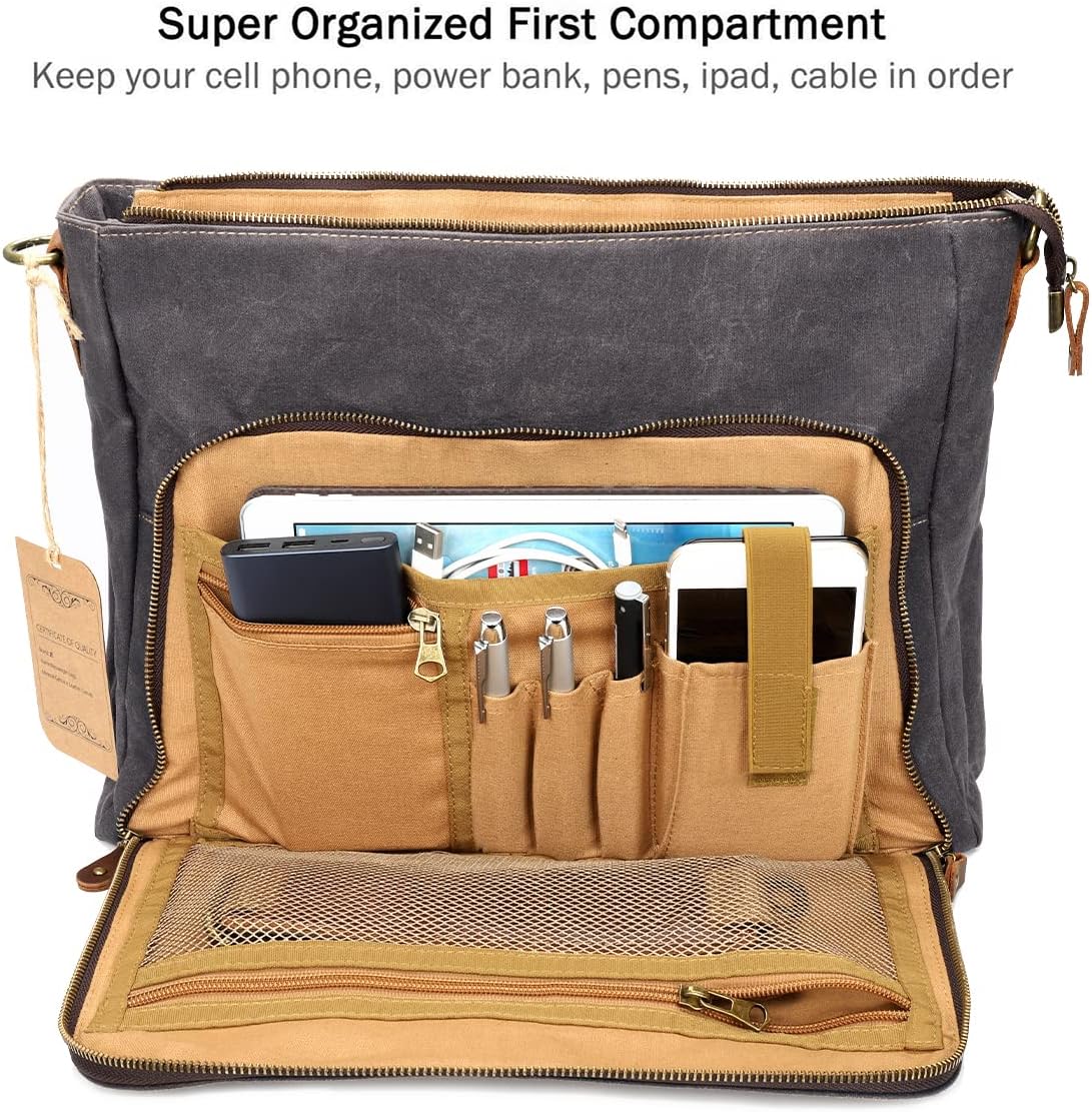 Manificent Laptop Messenger bag for Mens 15.6 Inch, Waterproof Vintage Genuine Leather Mens Briefcase shoulder bag 16 Storage Pockets, Waxed Canvas Leather Computer Business Satchel Work Bag (Gray)