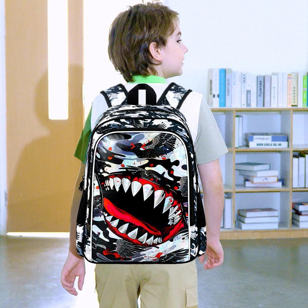 3Pcs Boys Backpack, 16" Shark Bookbag for Elementary Preschool Kindergarten, Kids School Backpacks with Lunch Box(Black)