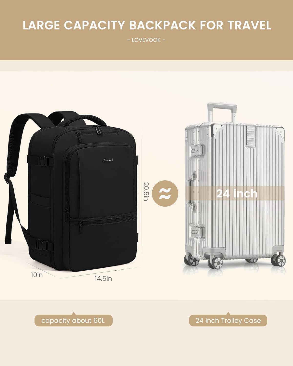 LOVEVOOK Travel Backpack for Women & Men, 60L Large Carry On Backpack Airline Approved, TSA