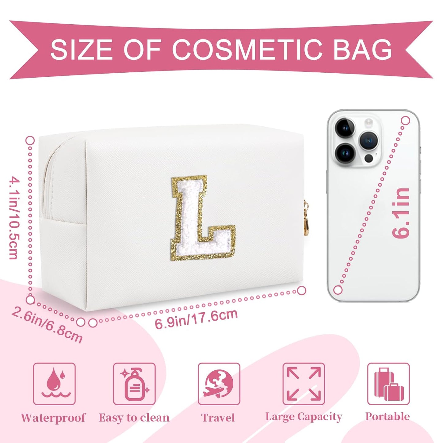 Small Personalized Initial A-Z Preppy Patch Makeup Bag,White PU Chenille Letter Travel Cosmetic Pouch with Zipper,Cute Toiletry Bag,Gift Ideal for Teen Girls Women Teacher Bridesmaid,Letter L