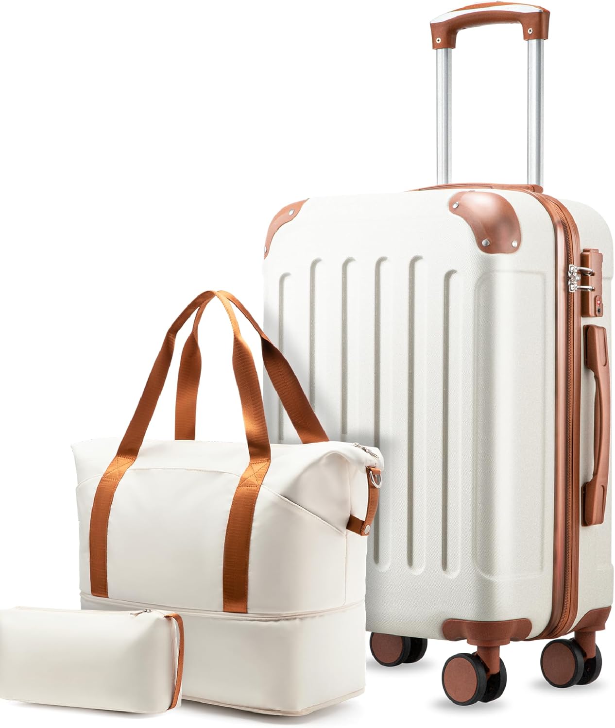 Carry On Luggage 22x14x9 Airline Approved, Hardside Suitcase with Wheels, TSA Approved, Tote Bag, White Brown