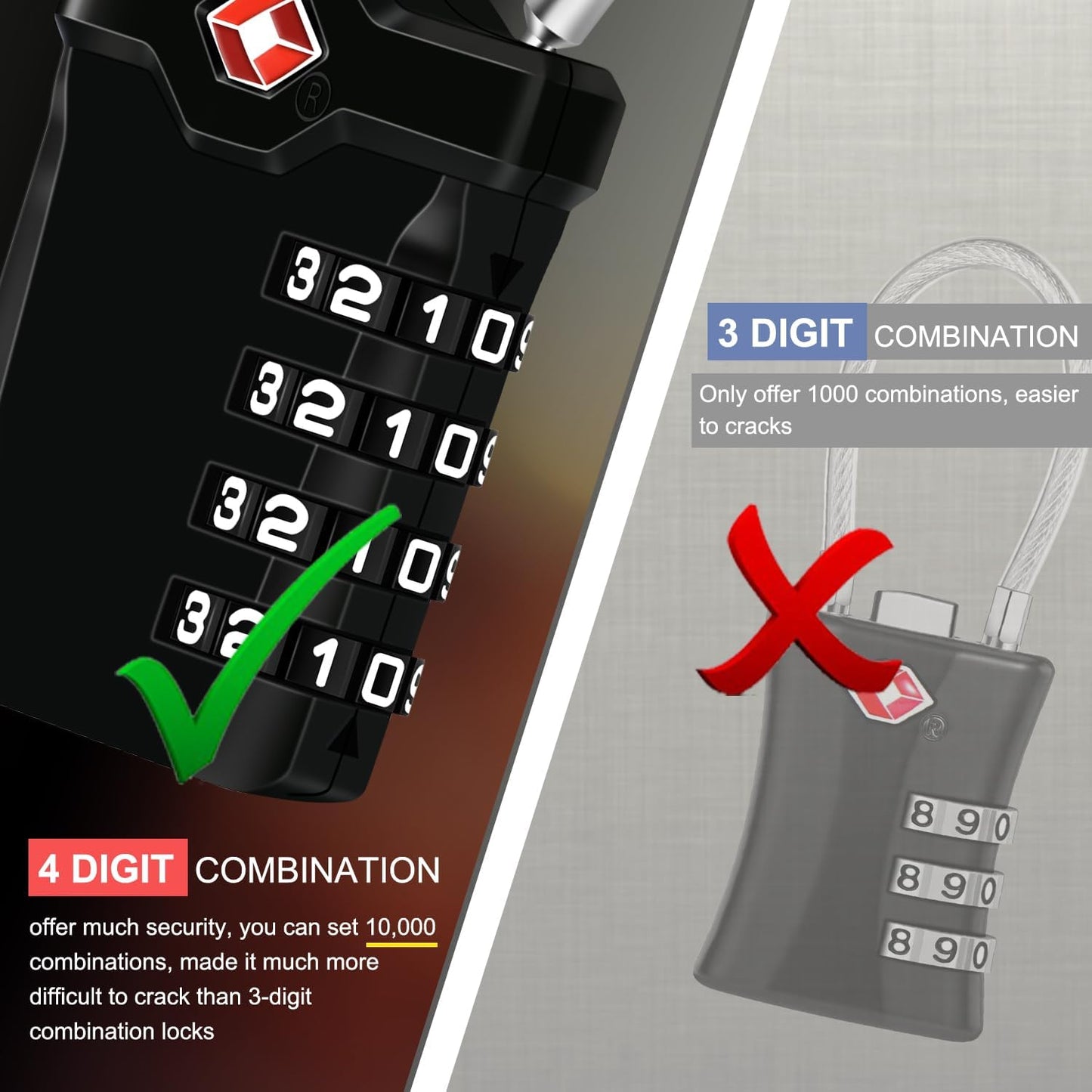 Diyife TSA Luggage Locks, 2 Packs, 4-Digit Combination Lock Security Padlock Travel Lock, with 14cm Flexible Cable for Suitcase Luggage Backpack School or Gym Cabinet, etc. (Black)