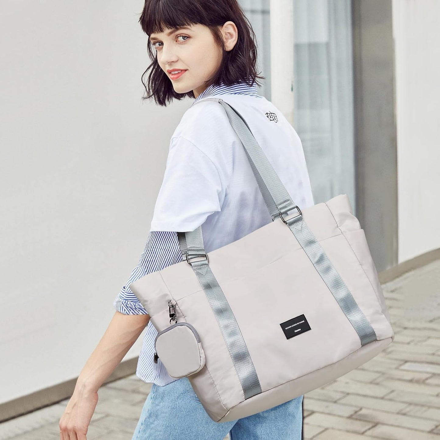 Hanke Laptop Tote - Lightweight Nylon Shoulder Bag for Work, Travel, Sports & Gym - Dune Grey