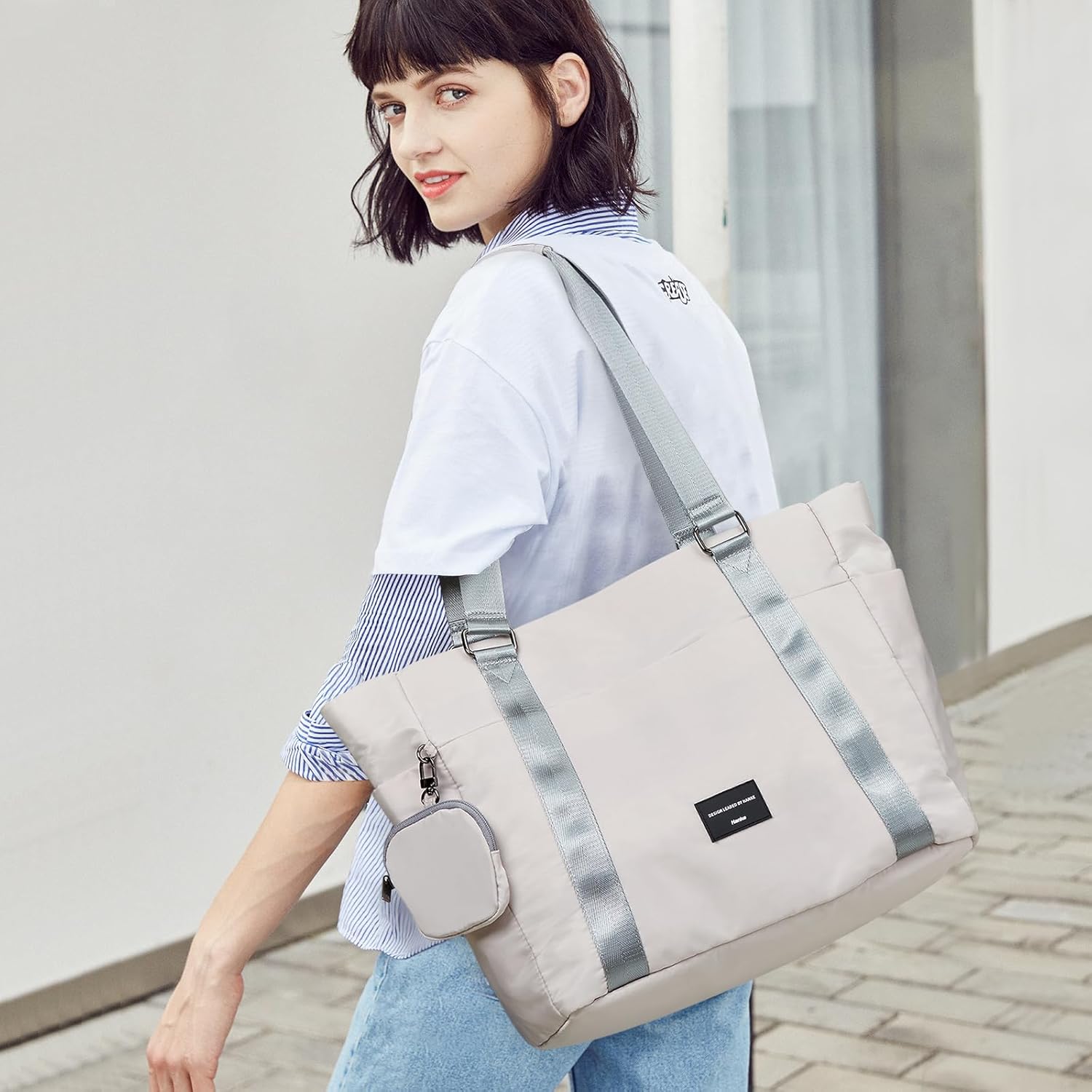 Hanke Laptop Tote - Lightweight Nylon Shoulder Bag for Work, Travel, Sports & Gym - Dune Grey