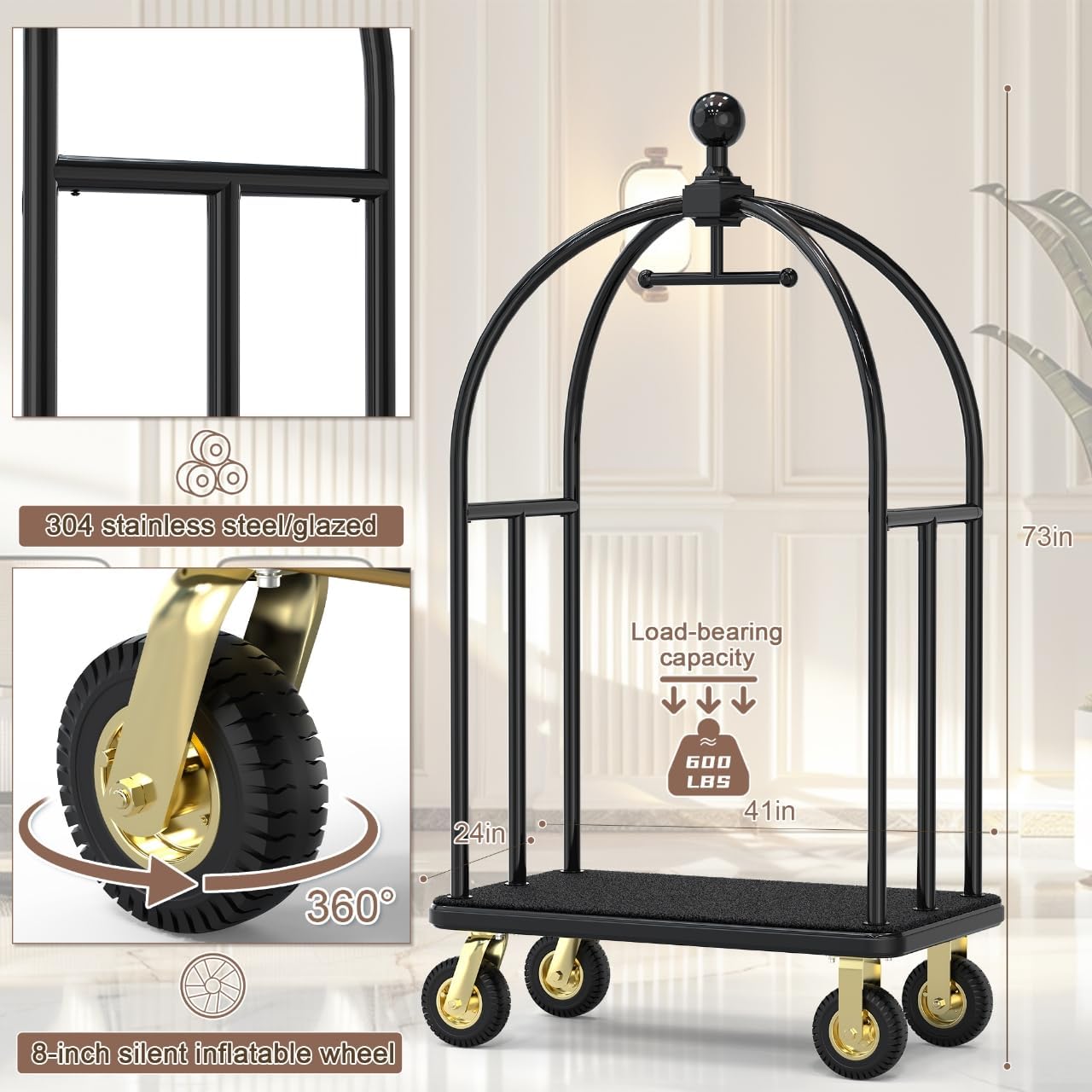 Hotel Luggage Cart,1100 lbs Brushed Stainless Steel Bellman Trolley, Valet Cart with Black Nylon Carpeted Deck Bumper Rails & 8-inch Silent Rubber Pneumatic Wheels– for Hotels, Resorts & Condos