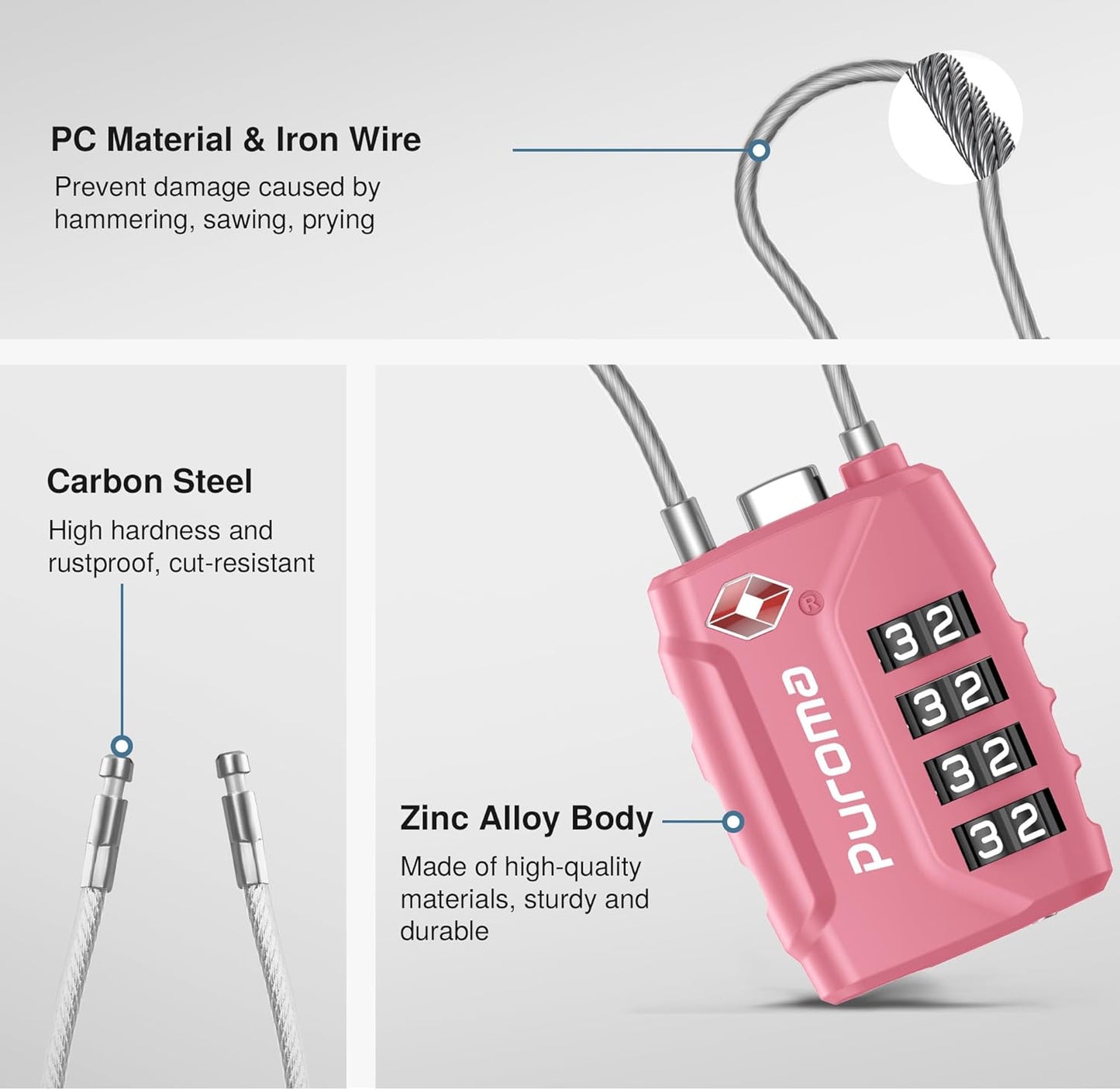 Puroma 2 Pack TSA Approved Luggage Locks, 4 Digit Combination Travel Locks Resettable Code Lock with Zinc Alloy Body for Suitcase, Toolbox, Backpack, Bag, Gym Locker (Rose Pink)