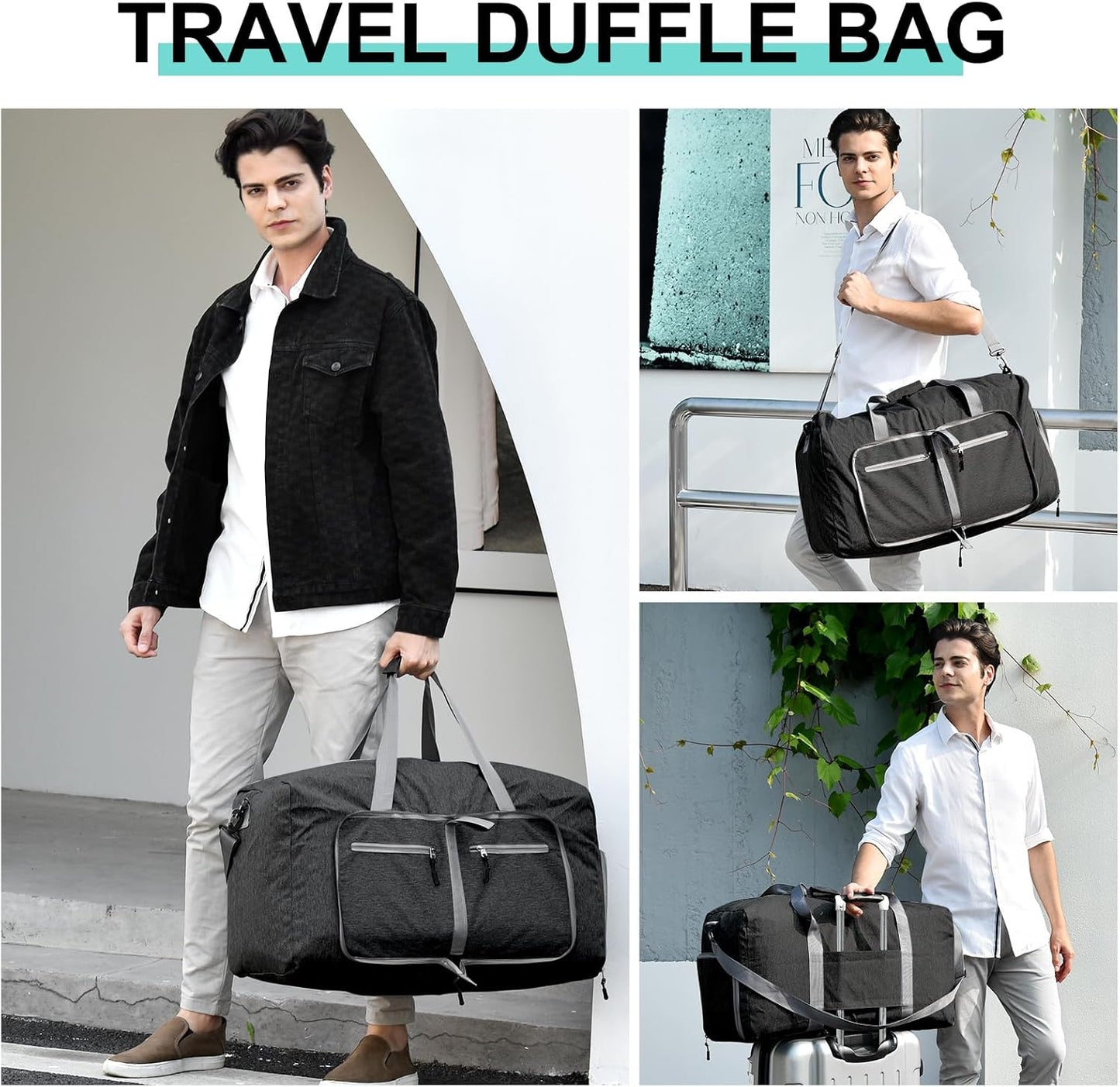 Dimayar 40L Travel Duffle Bag for Men Women - Foldable Duffel Bag with Shoes Compartment - Overnight Bags Waterproof & Tear Resistant(Black)