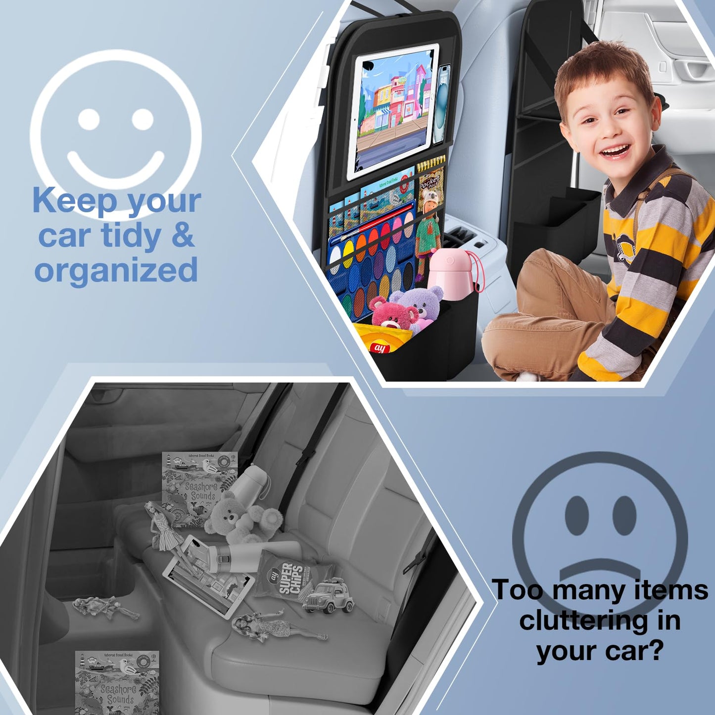 Oneyus Car Backseat Organizer with Table Tray(2-Pack) 9 Storage Pockets Backseat Car Organizer and