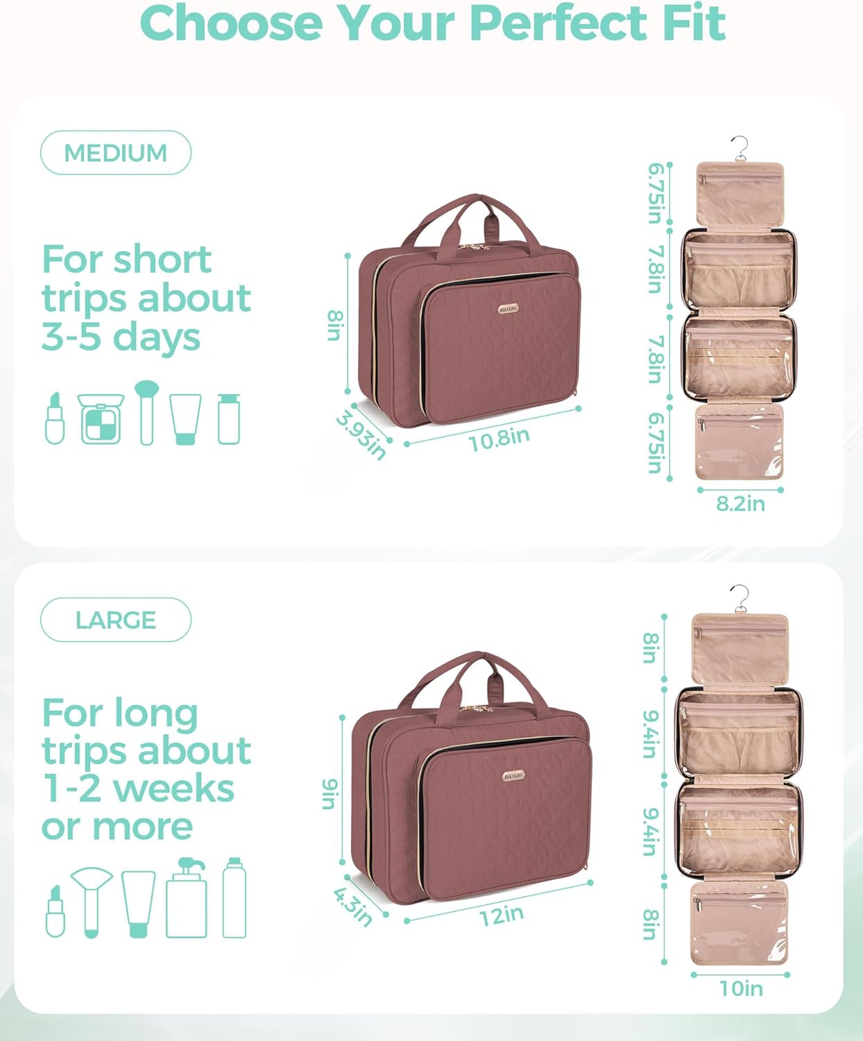 Travel Hanging Toiletry Bag for Women, 12'' x 4.3'' x 9'' Makeup Bag Cosmetic Organizer Waterproof with Hanging Hook Multiple Pockets for Women Travel Essentials Rosewood