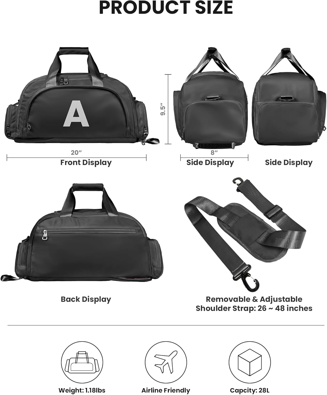 Teen Girl Gift Trendy Stuff, Initial Gym Bags with Shoe Compartment, Dance Bag for Girls, Monogram Kid Overnight Bags, Travel Duffel-Perfect for Ballet Sport Yoga Gymnastics (Letter R)