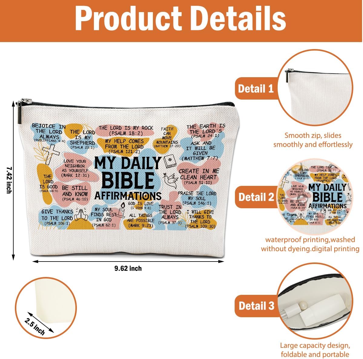 2PCS Daily Affirmations for Women Scripture Bible Verse Makeup Bag, Faith Christian Gifts for Women Mental Health Gifts for Female Sister Birthday Friendship Mothers Day Travel Toiletry Cosmetic Bag