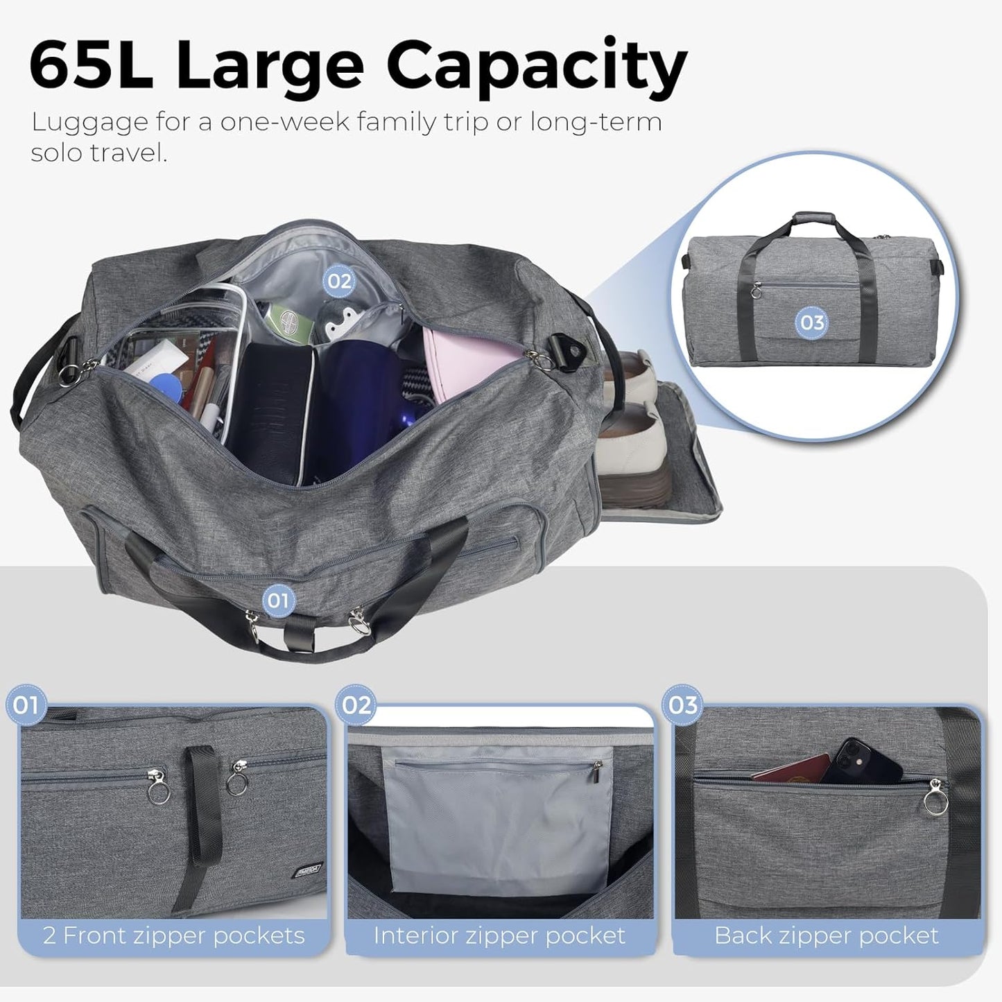 Fmeida 65L Duffle Bag with Shoes Compartment, Foldable Travel Duffel Bags for Men Women, Large Packable Travel Bag Water Repellent & Tear Resistant (Gray)