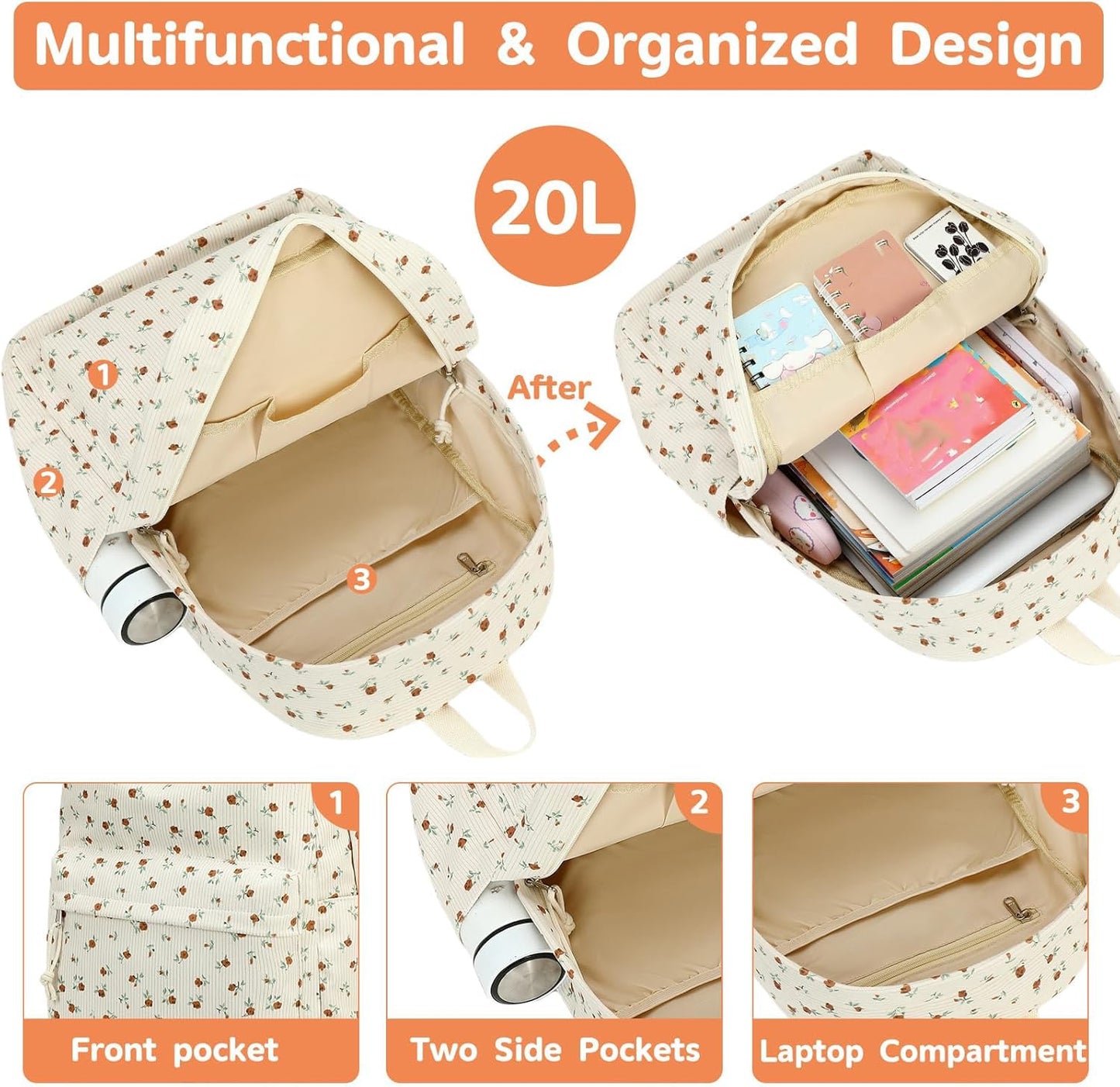 School Backpack for Teen Girls Bookbags Elementary High School Corduroy Laptop Bags Women Travel Daypacks