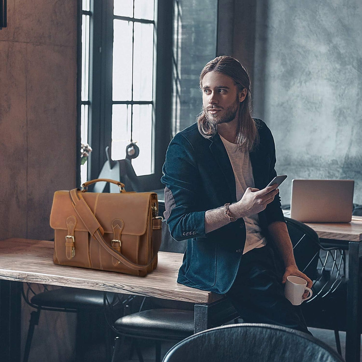 Polare 16" Full Grain Leather Messenger Bag Laptop Briefcase Bag Professional Work Bag For Men with YKK Zippers