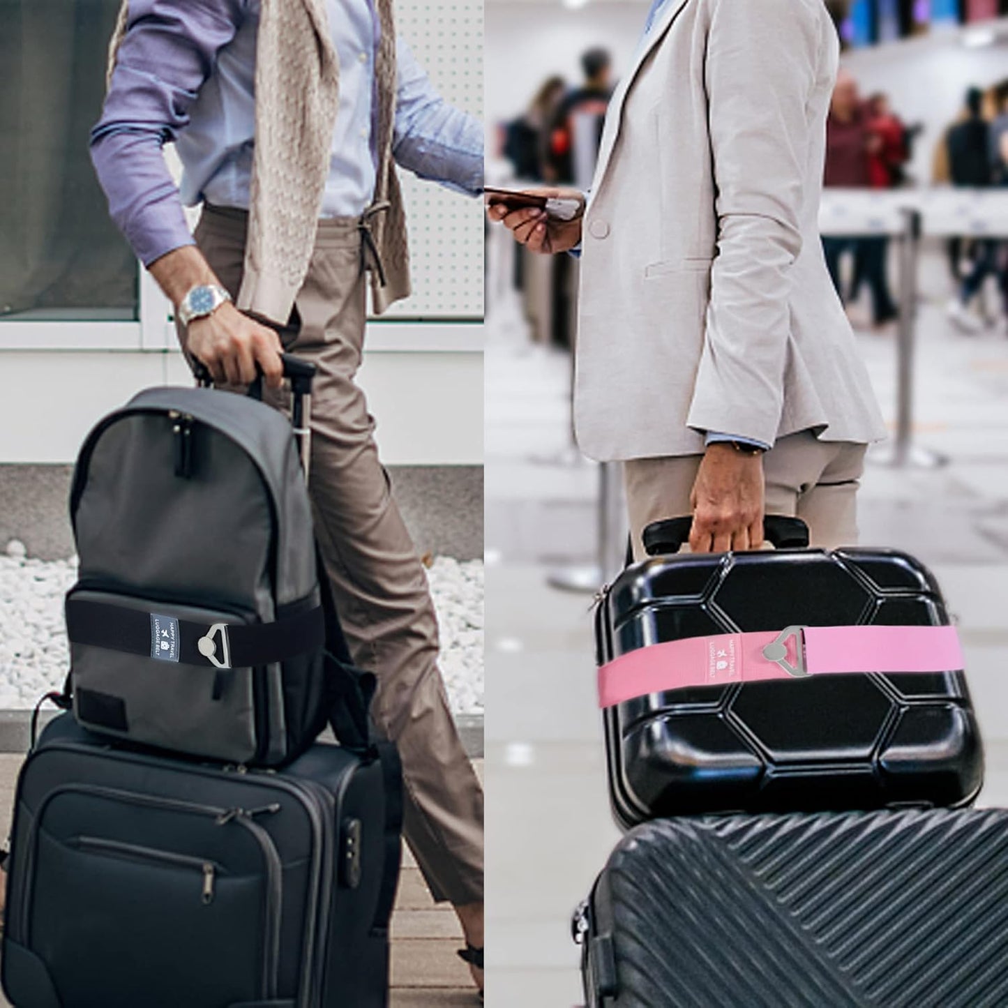 2-in-1 Travel Belt for Luggage, Luggage Straps for Add a Bag Adjustable Suitcase Straps with Alloy Buckle Elastic Bungees Belt Hands-Free for Airport, Personalized Travel Accessories (Black)