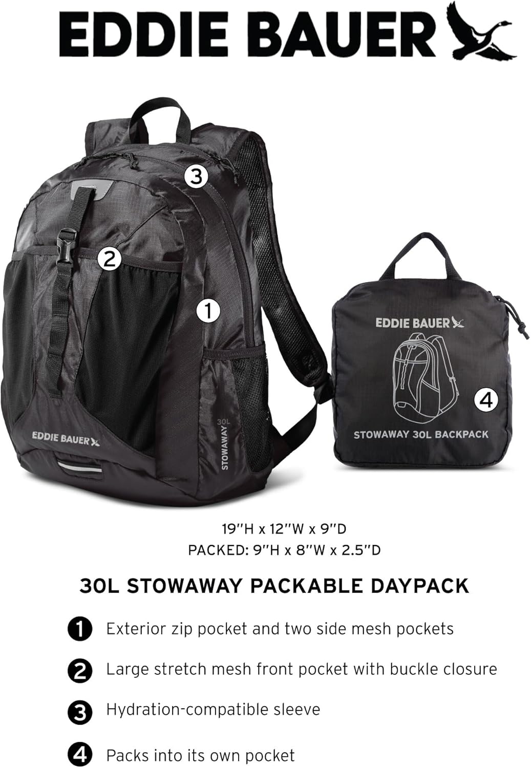 Eddie Bauer Stowaway Packable Backpack-Made from Ripstop Polyester, Sprig, 30L