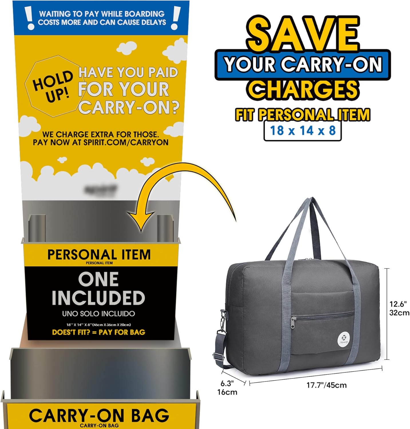 For Spirit Airlines Personal Item Bag 18x14x8 Foldable Travel Duffel Bag Tote Carry on Luggage