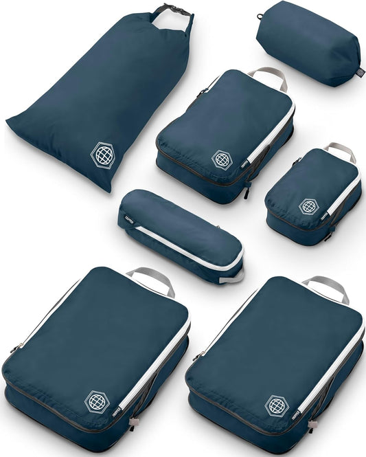 Large Compression Packing Cubes for Travel-Packing Cube Luggage Organizers 7 Piece Set for Checked Luggage-Ultralight, Expandable/Compression Bags by TRIPPED Travel Gear (Navy/White)