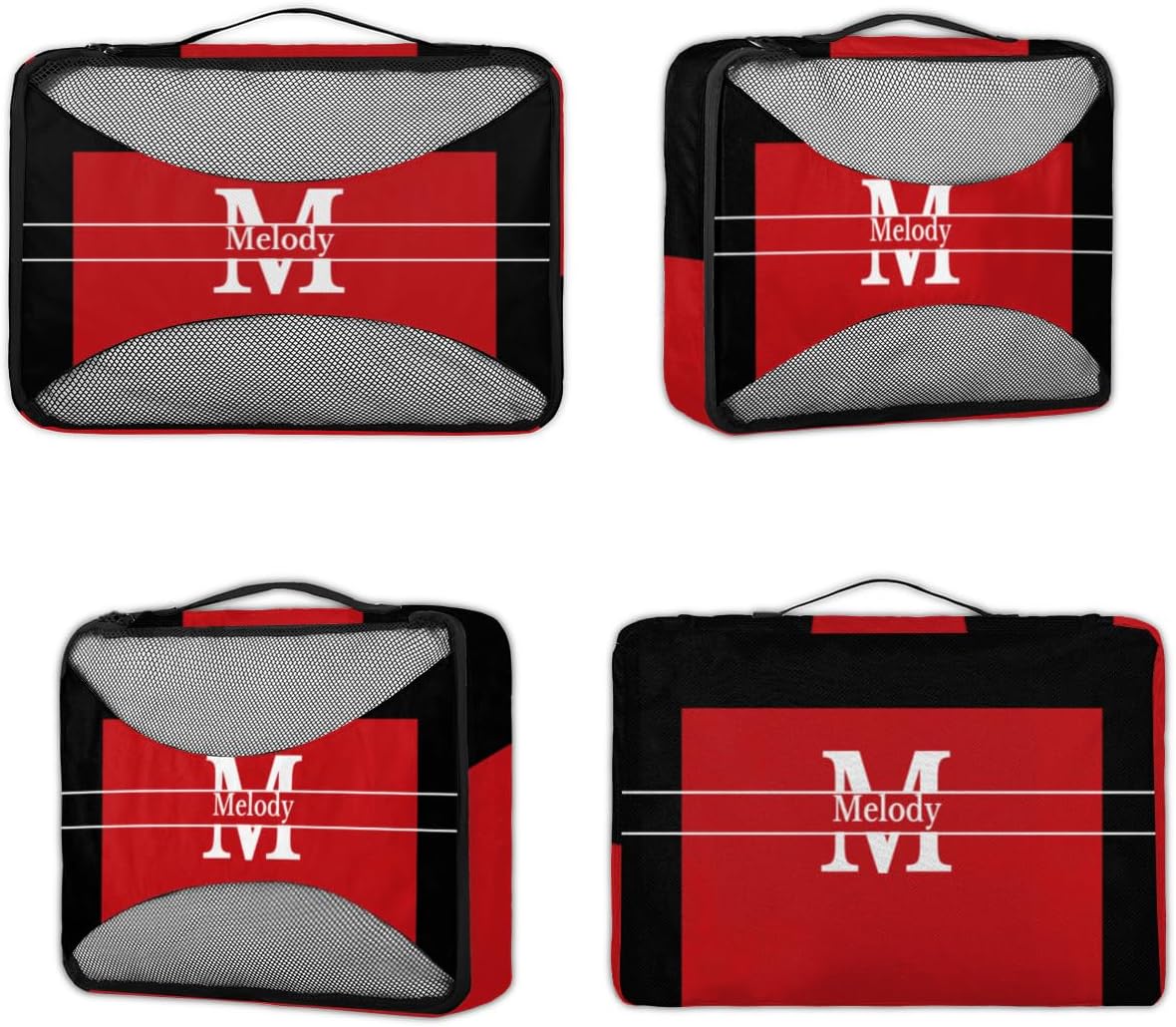 4pc Personalized Name Packing Cubes for Travel - Luggage Packing Organizers - Travel Packing Cubes for Suitcases, Red with Black, Initial Letter