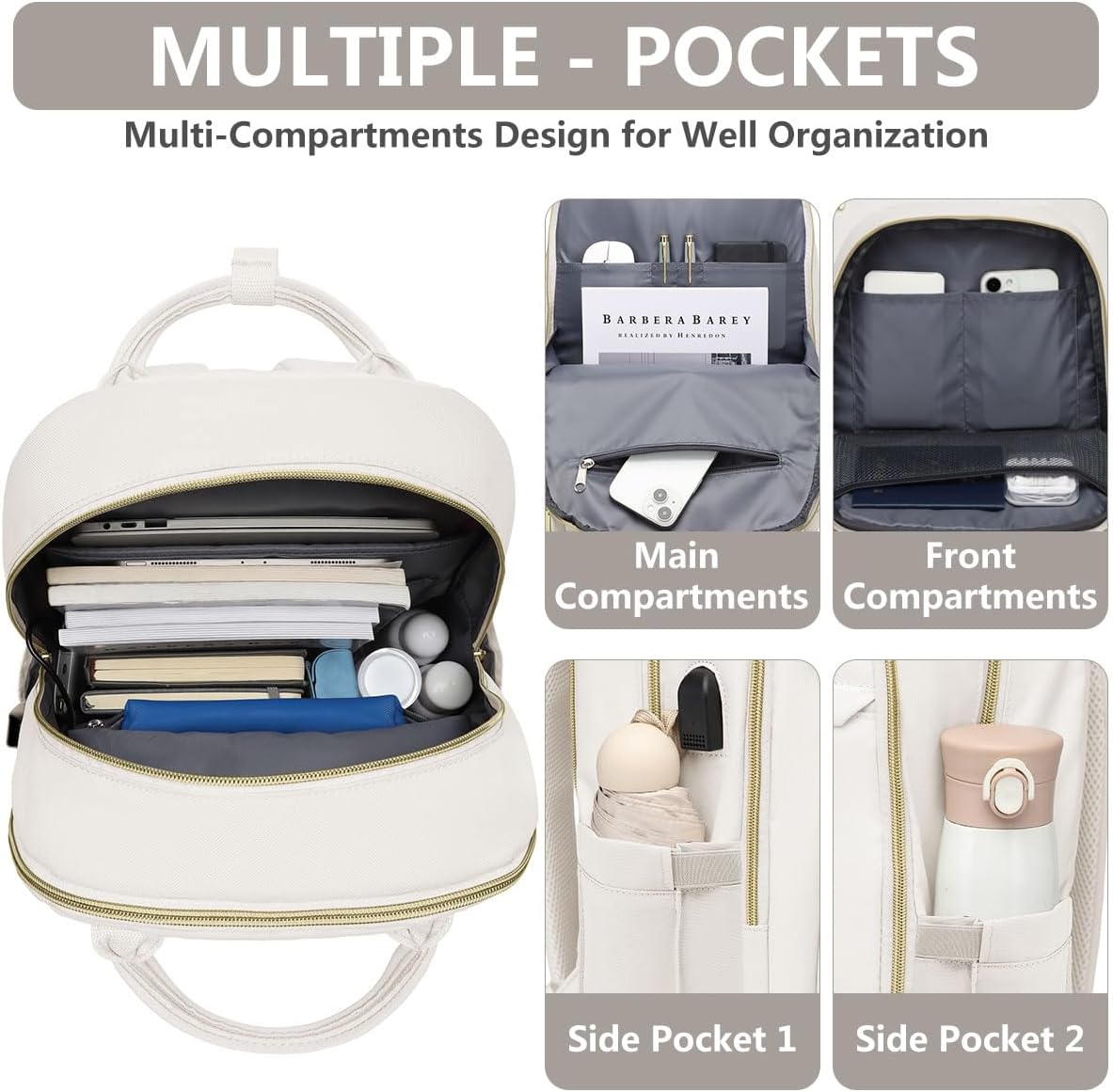 Laptop Backpack for Women Work Bag - 15.6 inch Travel Backpack with USB Charger Business Computer Backpacks for Office College Back pack for Teacher Casual Waterproof Bookbag for Nurses Beige