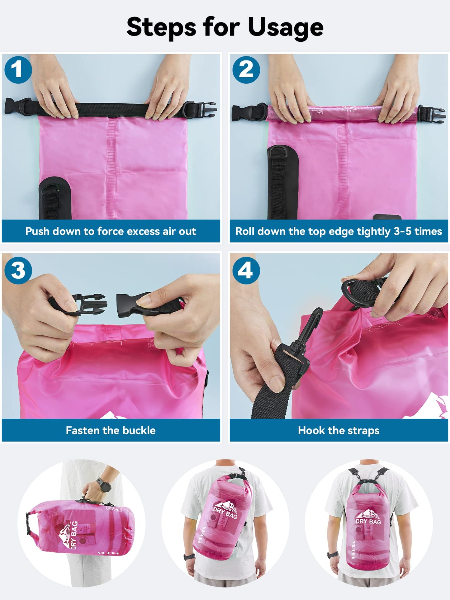 HEETA Dry Bag Waterproof Backpack with Phone Case (Rose Red, 5L)