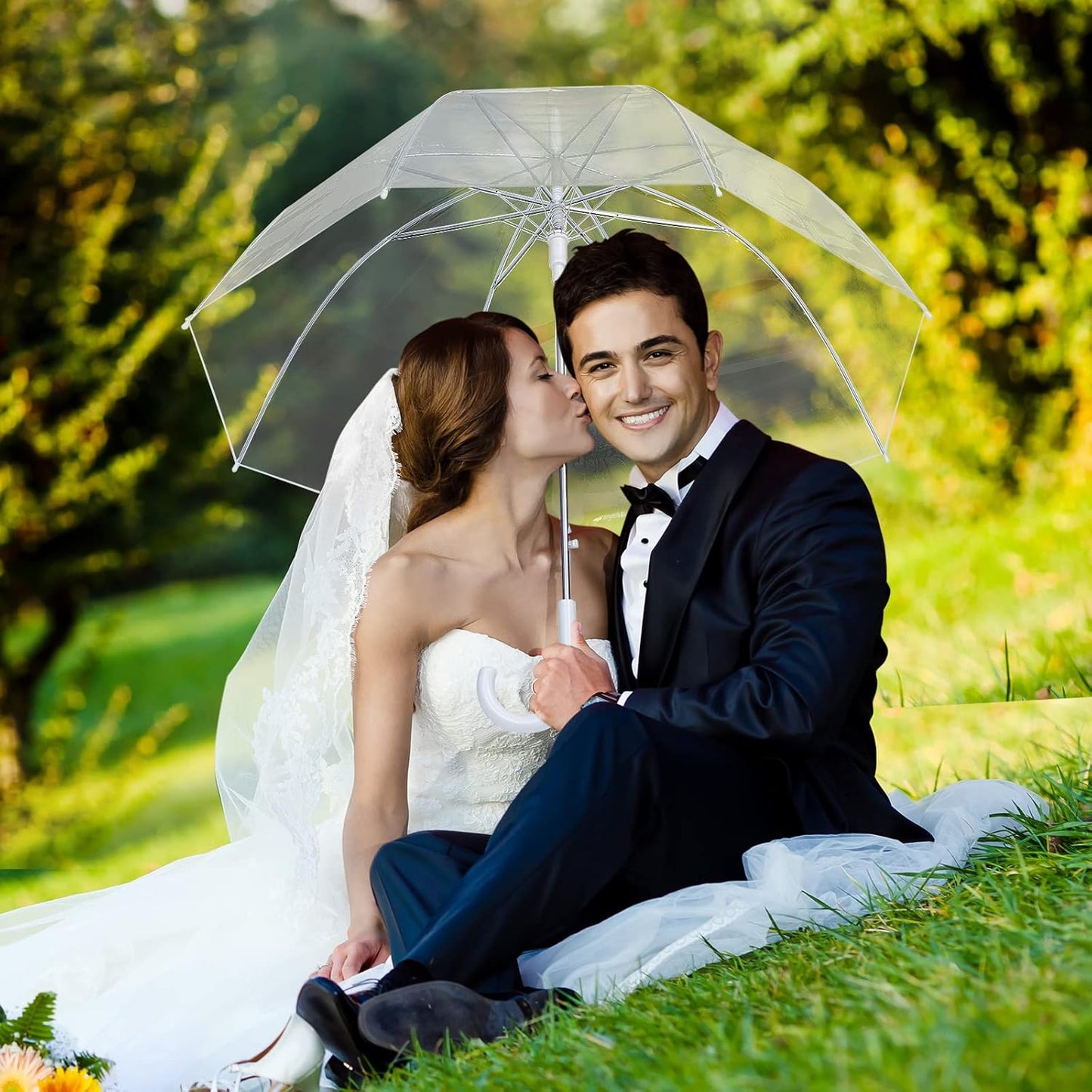 Fabbay 6 Pcs Umbrella Wedding Style Stick Umbrellas Large Windproof Bubble Rain Umbrellas with J Hook Handle for Bride Groom Gift(White Handle)