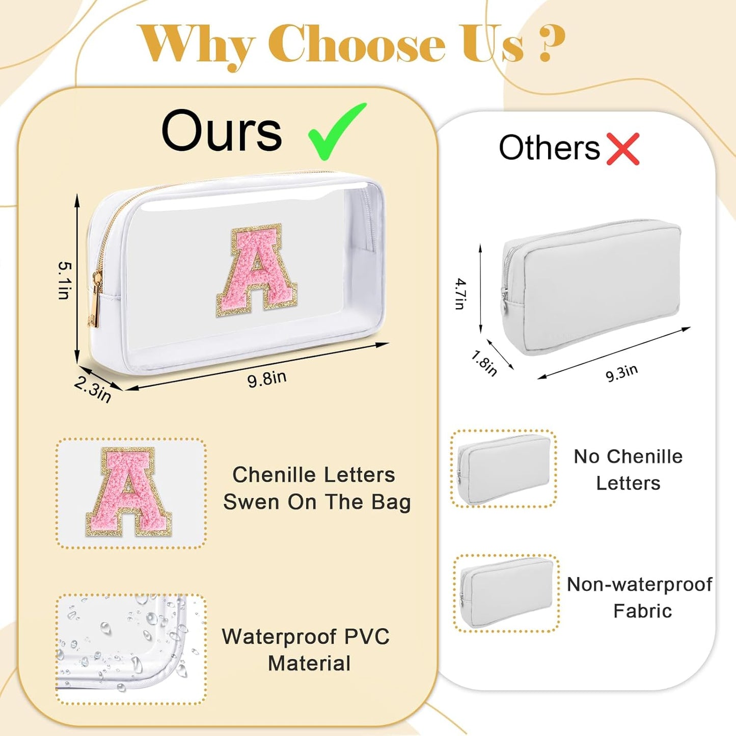 Personalized Initial Letter Clear Makeup Bag,Preppy Small Nylon&PVC Cosmetic Zipper Bag with Chenille Letter,Travel Skincare Toiletry Bag,Monogram Christmas Gift for Teen Girls Women,N