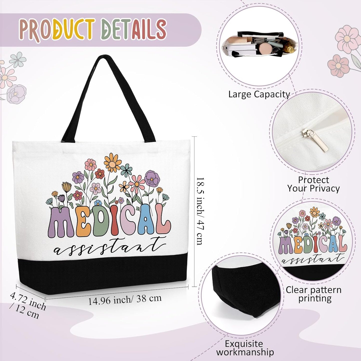 Kacctyen 3 Pcs Medical Assistant Gifts Fine Canvas Tote Bag Mental Healthy Makeup Cosmetic Bag Administrative Assistant Appreciation Keychains Gifts for Women Medical Birthday Christmas