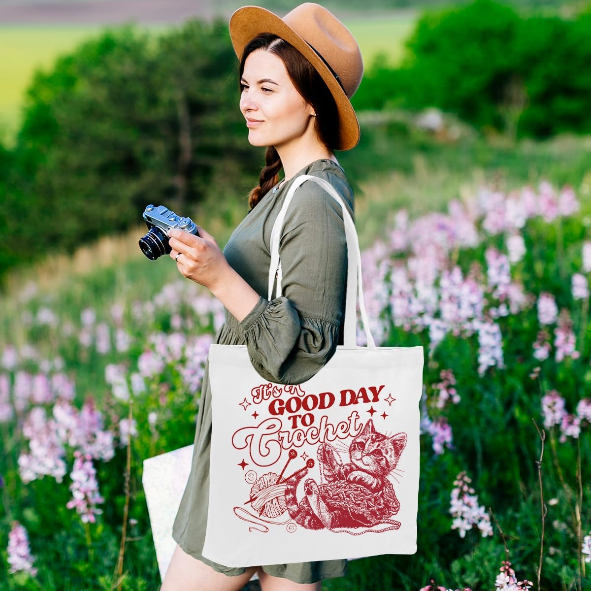 Crochet Knitting Humor Yarn Gifts Canvas Tote Bag, Reusable Grocery Shopping Bags for Crocheters Christmas