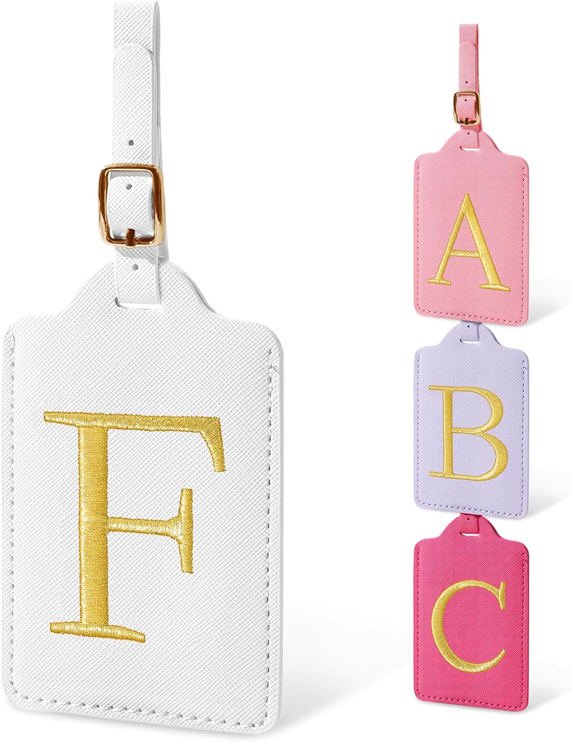 Initial Letter Luggage Tags for Suitcases, Embroidered Monogrammed Suitcase Luggage Identifier Name Tag, PU Leather TSA Approved Luggage Tags, Bag Tags for Men Women Kids Luggage Handbags(White F)