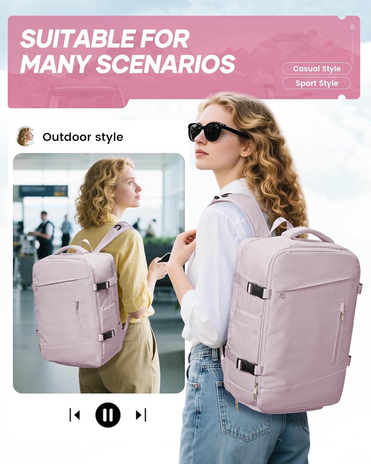 suwasp Vacuum Travel Backpack with Electric Vacpack Pump for Women, 40L Expandable Vacuum Compression Bags Personal Item Backpack Flight Approved Vacuum Seal Backpack for Traveling, Light Pink