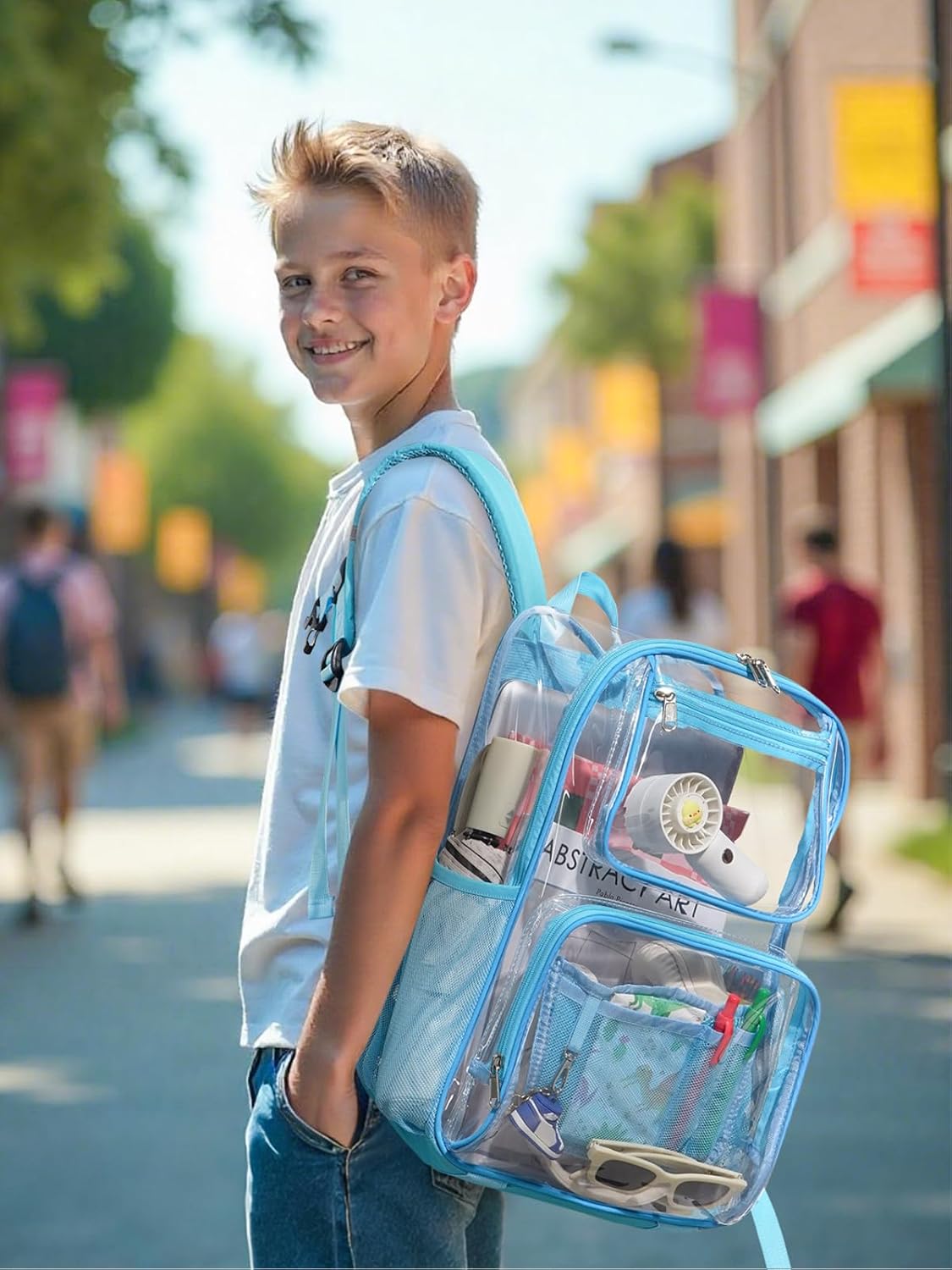 Heavy Duty Clear Backpack For Kids Women Men Boys Girls, 17 Inch Large See Through Backpack, Clear Bookbag With An Extra Pouch Accessories, Transparent Bag For School College Work, Light Blue