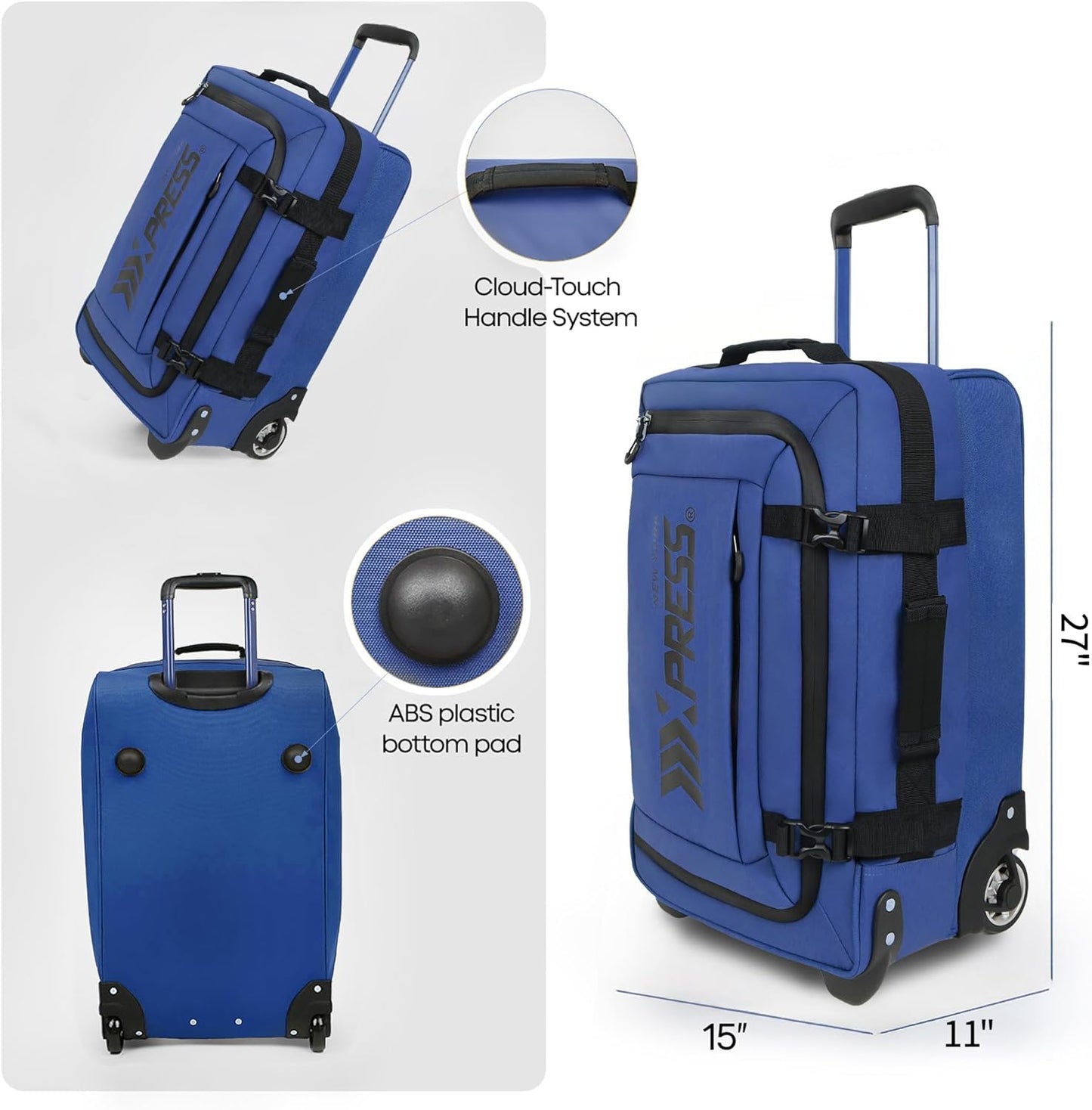 26'' Rolling Duffle Bag with Wheels,Rolling Duffle Bag w/Handle,Carry on Luggage Travel Duffle Bags for Man Women（26,Blue）